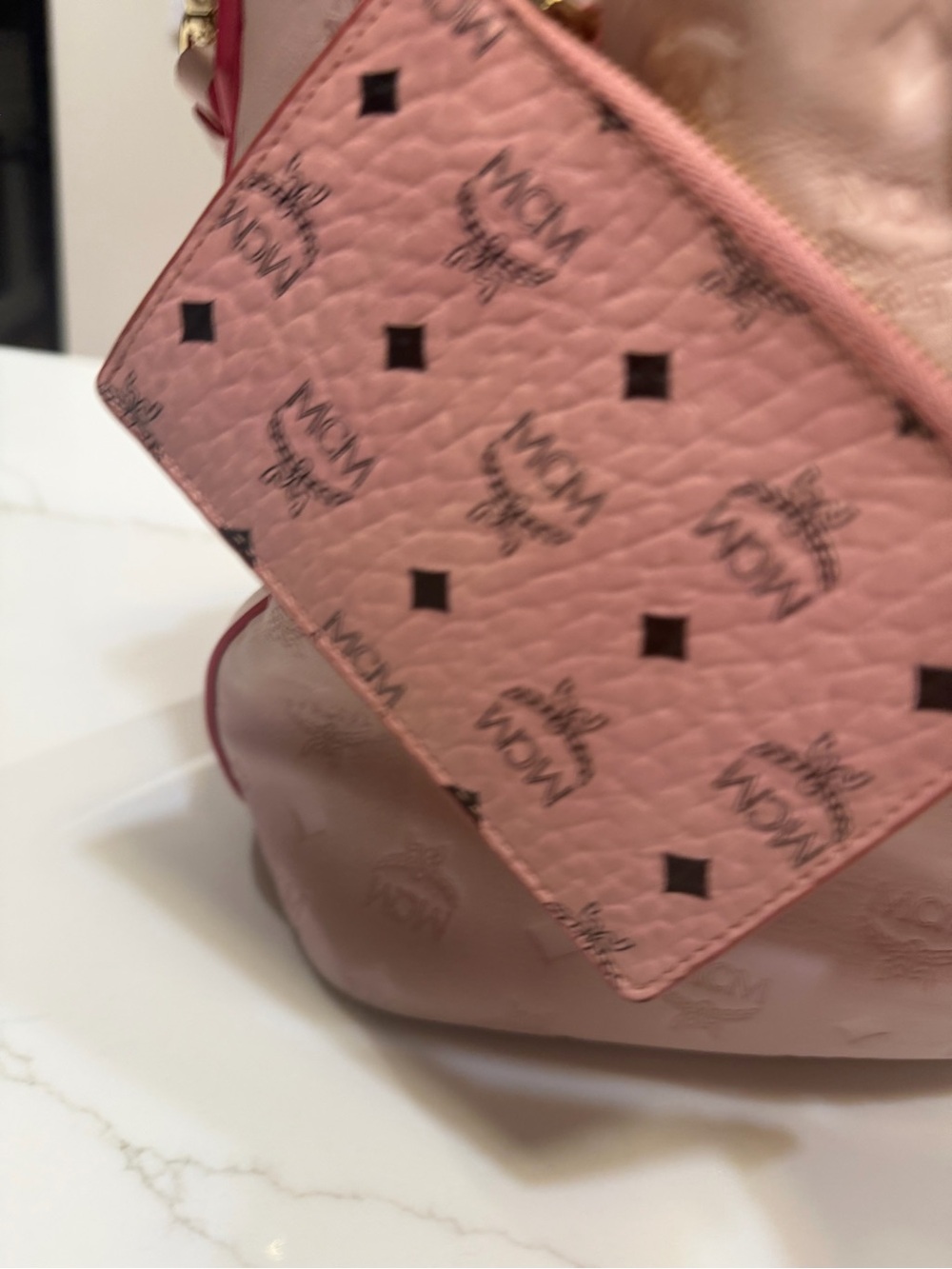 MCM Light Pink Embossed Drawstring Shoulder Bucket Bag - Picture 4 of 11